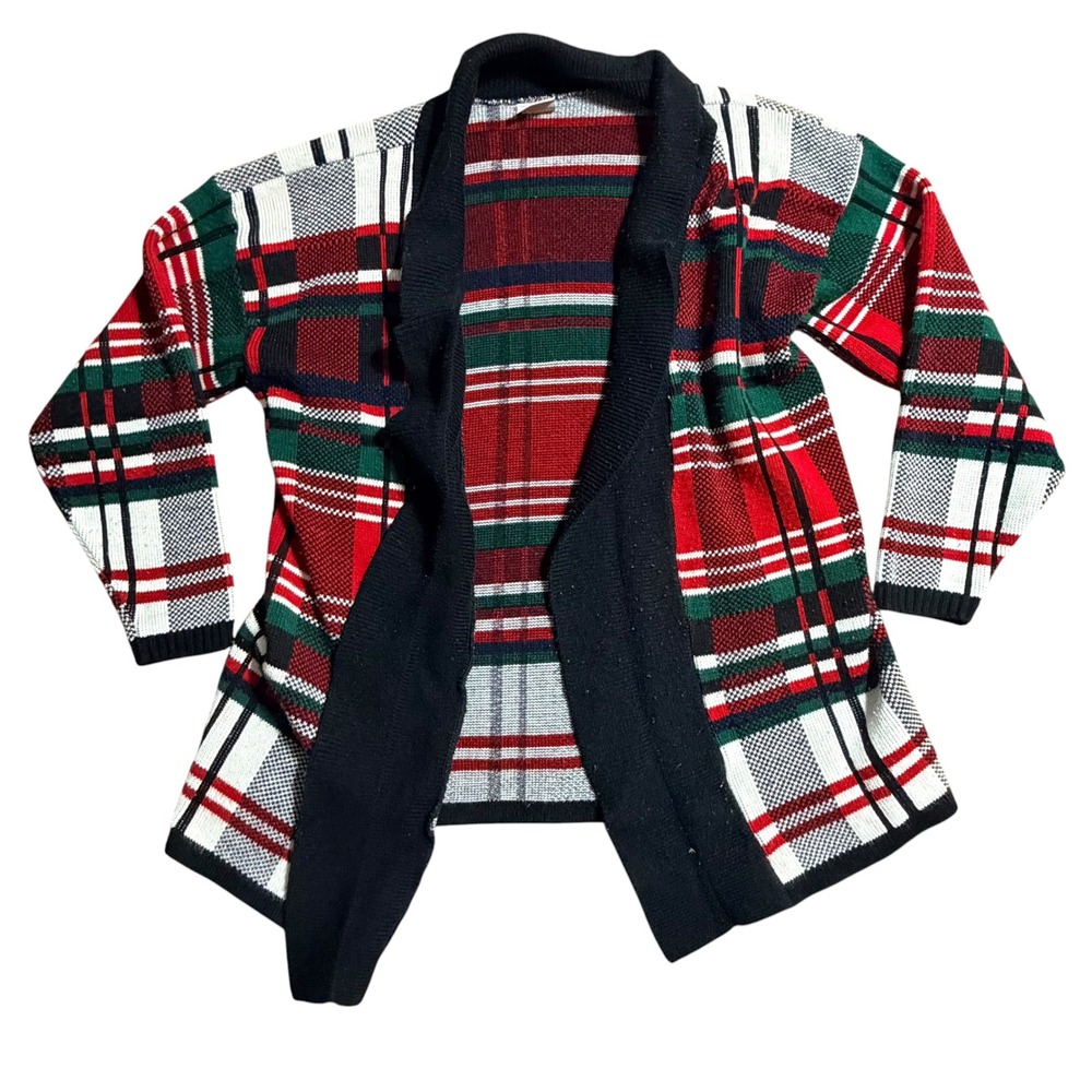 Vtg Huntington Ridge Women Plaid Open Front Cardigan Sweater Rd Grn Shawl Collar